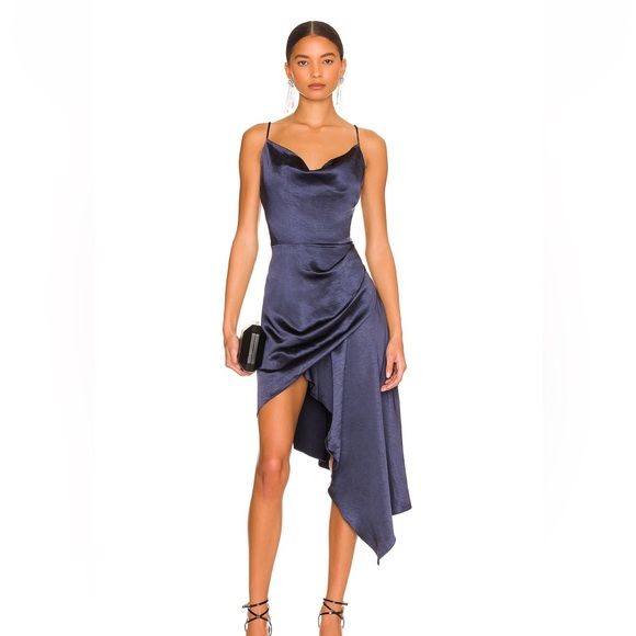 Elliatt Dresses & Skirts - Elliatt Shiny Navy Dress with Asymmetrical Spaghetti Straps from Revolve.